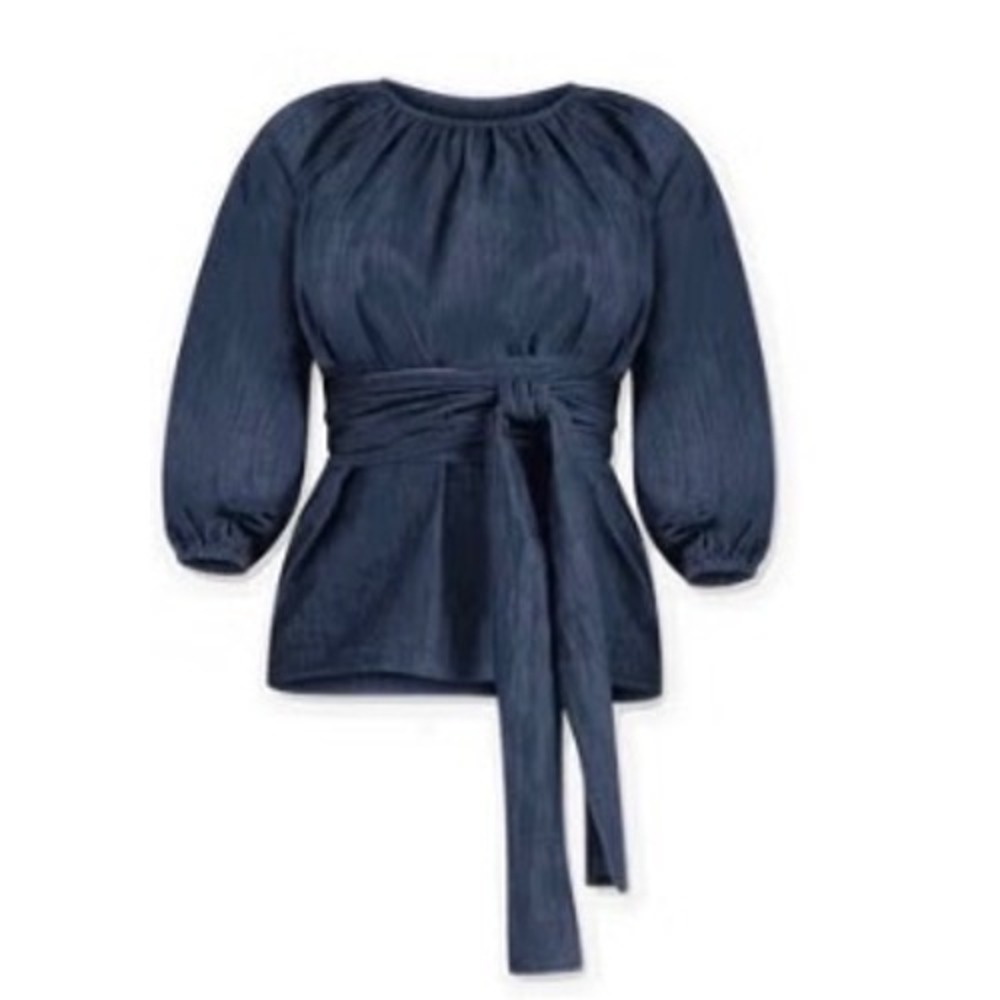 Eloquii Womens Size 16 Dramatic Peplum Denim Wrap Tie Waist Tunic Blouse - Picture 2 of 15